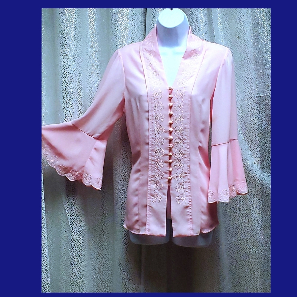 Bubblegum Pink Button Up Blouse with Lettuce Sleeves by Victor Costa